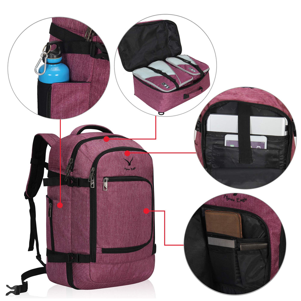 Hynes Eagle Travel Backpack 40L Flight Approved Carry on Backpack, Red Violet 2018
