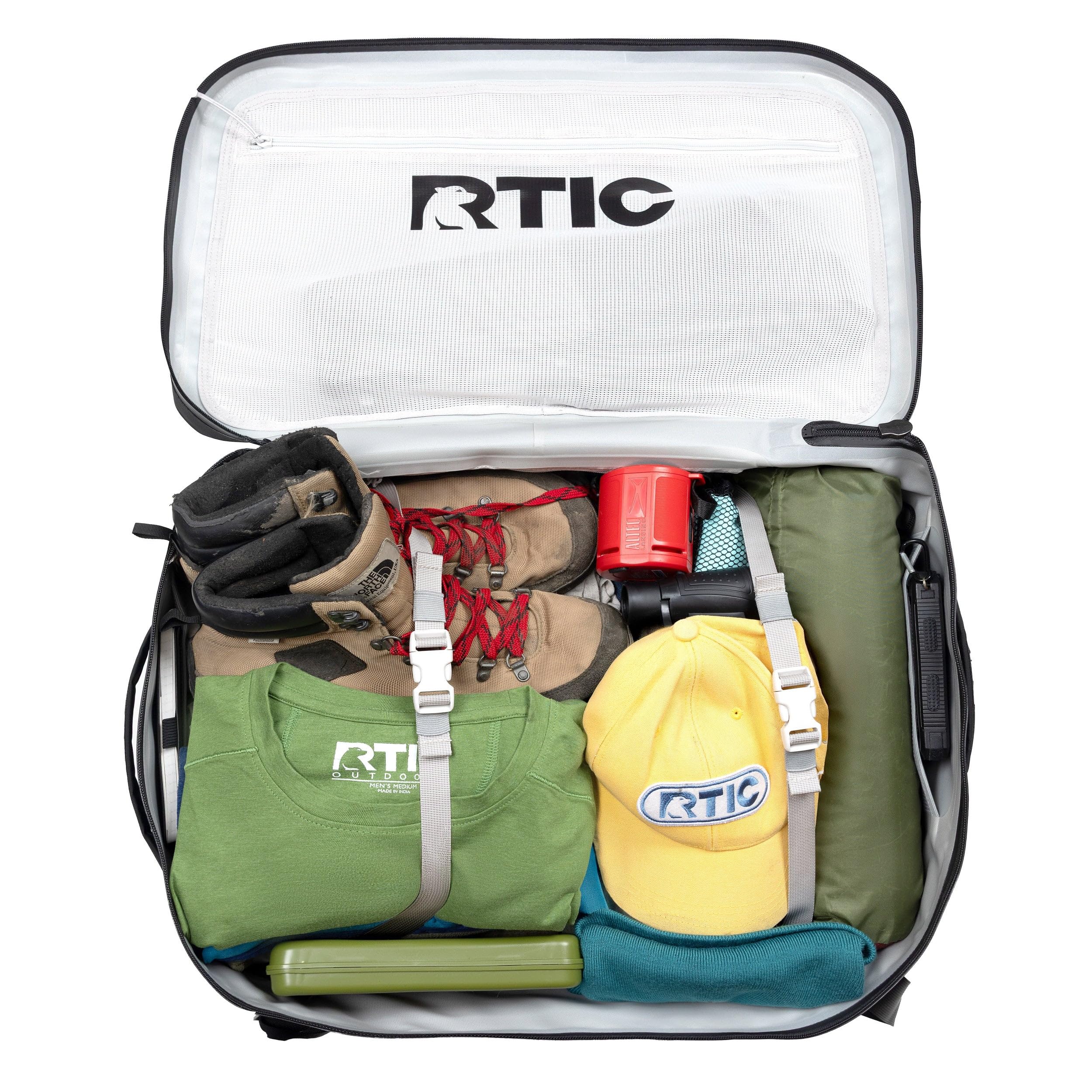 RTIC Ultra Dry Duffle Pack, Waterproof Outdoor Backpack Floating Bags for Hiking, Travel, Camping, Boating, Backpacking, 60L, Olive & Orange