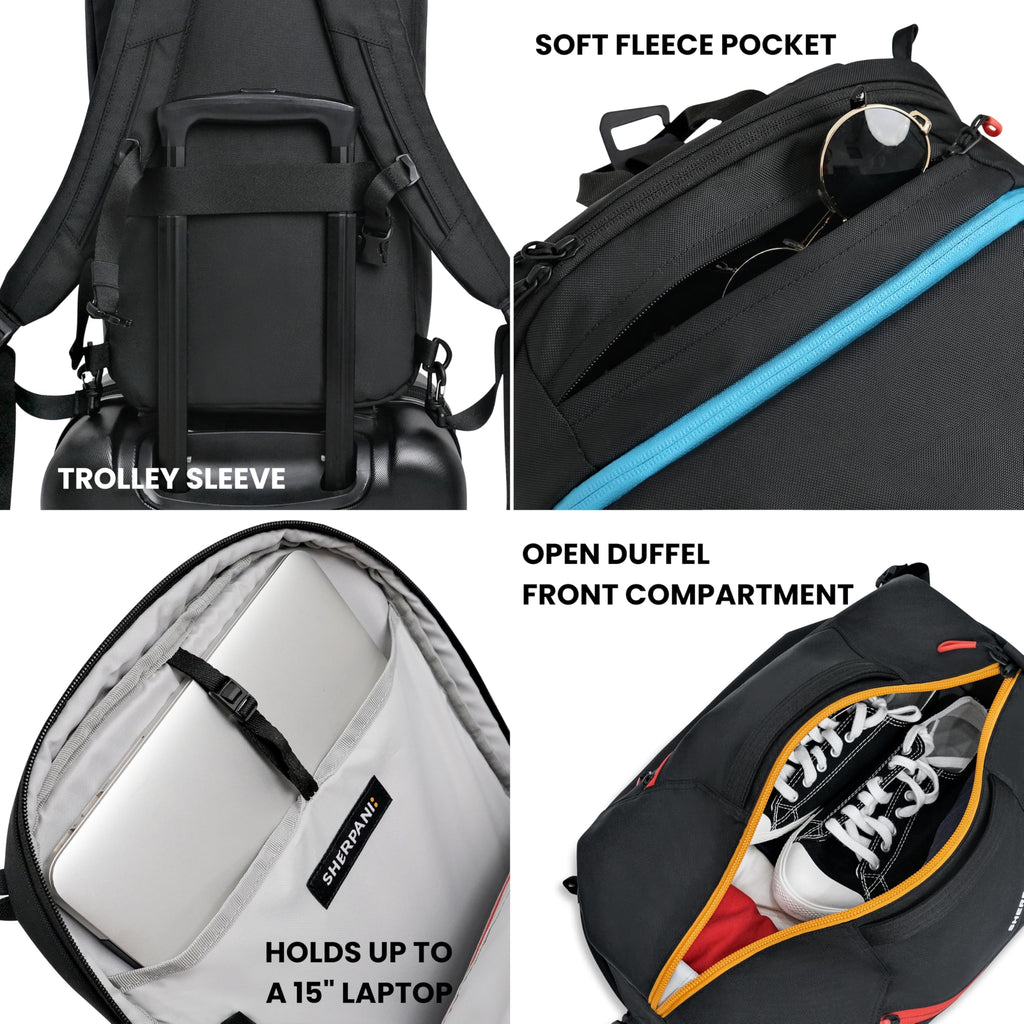 Sherpani Juno, 2 in 1 Travel Backpack, Expandable Carry-On, Duffel Bag, Fits 15 Inch Laptop for Travel, Sport, Hiking (Raven)