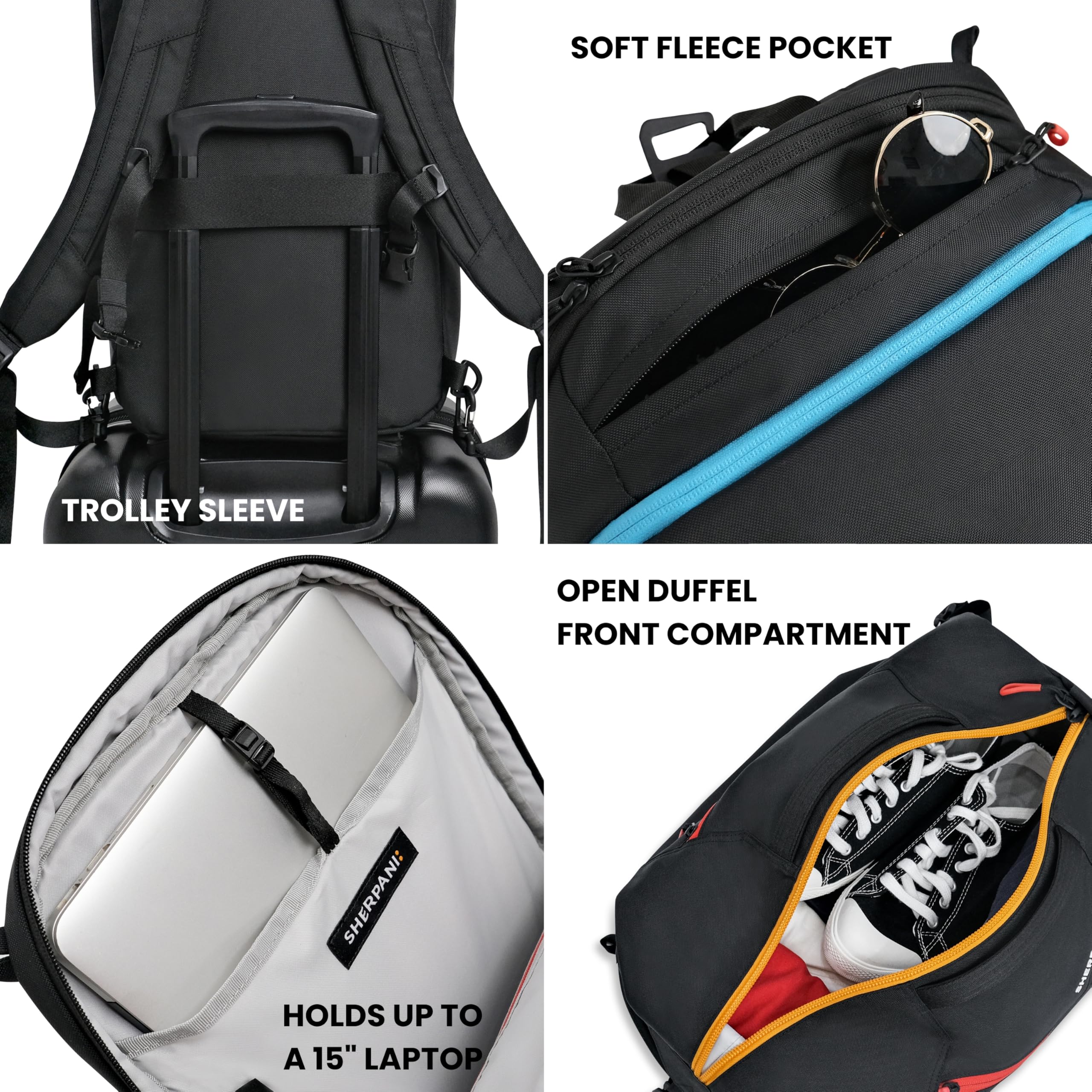 Sherpani Juno, 2 in 1 Travel Backpack, Expandable Carry-On, Duffel Bag, Fits 15 Inch Laptop for Travel, Sport, Hiking (Raven)