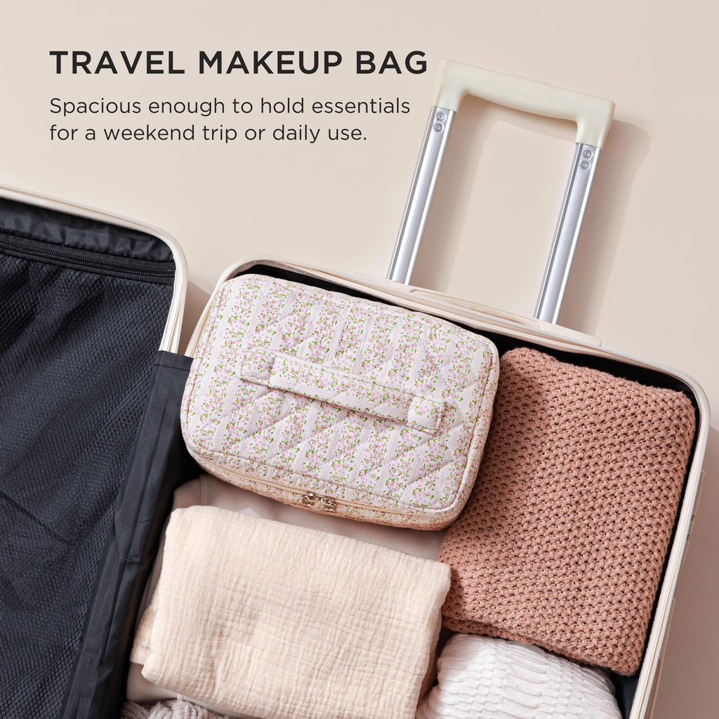 HBselect Large Quilted Makeup Bag, Cute Cotton Travel Cosmetic Bag with Handle, Gifts for Bridesmaids, Portable Coquette Floral Make up Bags, Toiletry Organizer Cosmetic Bags for Women