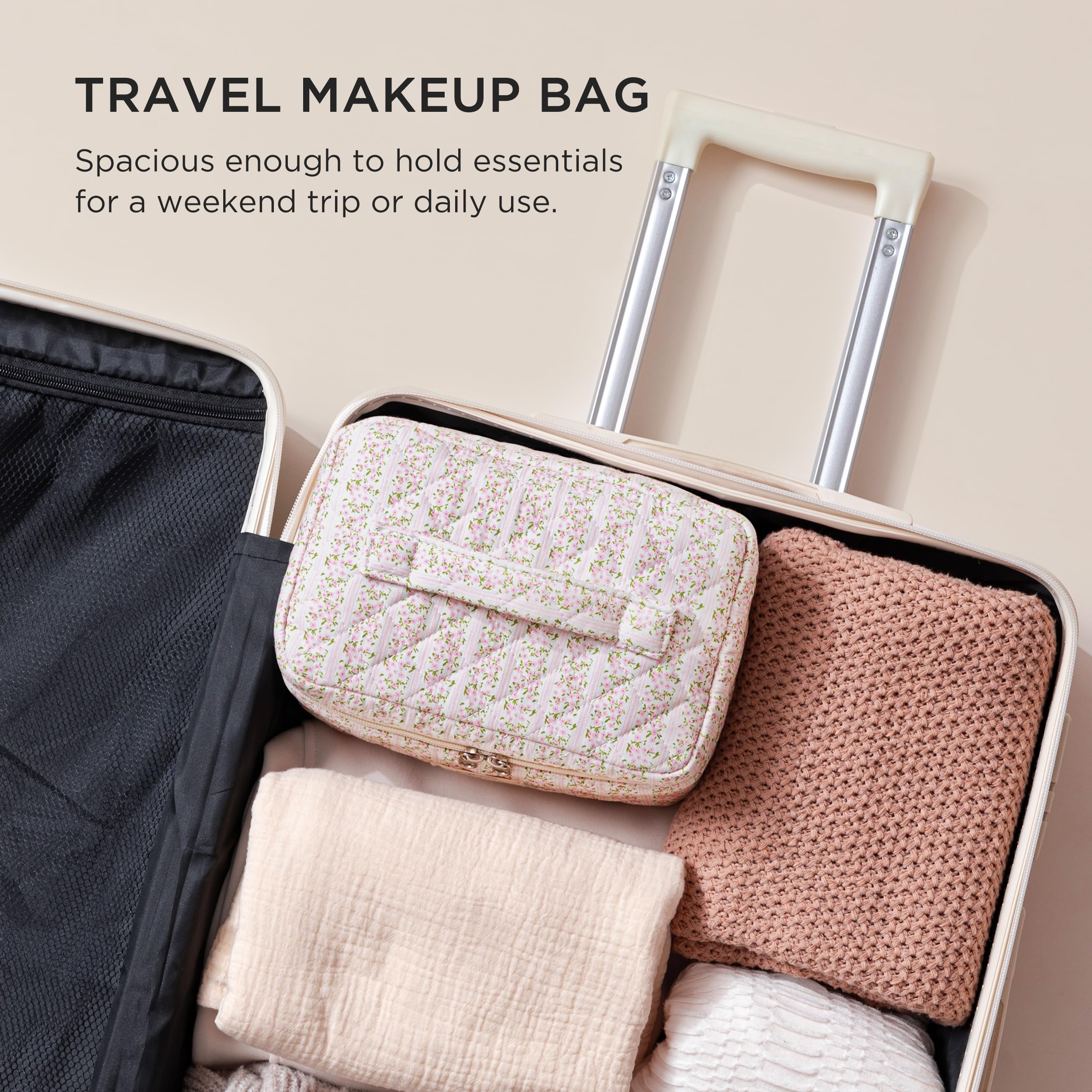 HBselect Large Quilted Makeup Bag, Cute Cotton Travel Cosmetic Bag with Handle, Gifts for Bridesmaids, Portable Coquette Floral Make up Bags, Toiletry Organizer Cosmetic Bags for Women