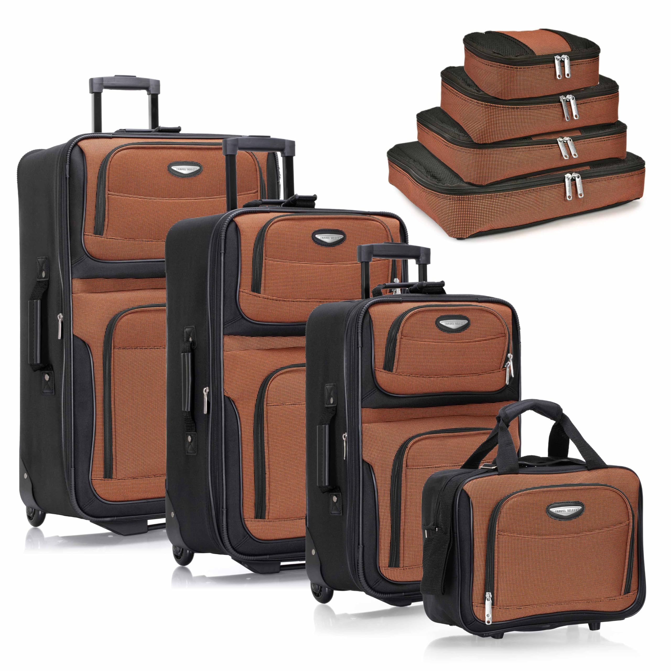 Travel Select Amsterdam Softside Expandable Luggage with Rolling Wheels, Orange, 8-Piece Set (15/21/25/29) with Packing Cubes