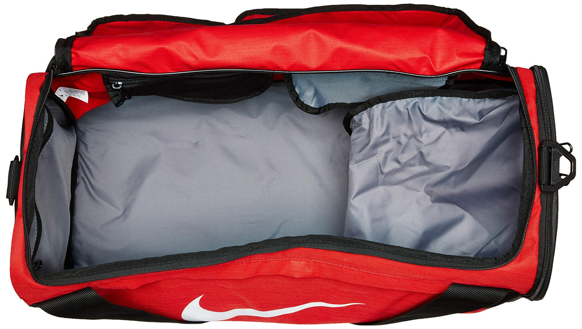 Nike Brasilia Training Duffel Bag, Versatile Bag with Padded Strap and Mesh Exterior Pocket, Medium, University Red/Black/White
