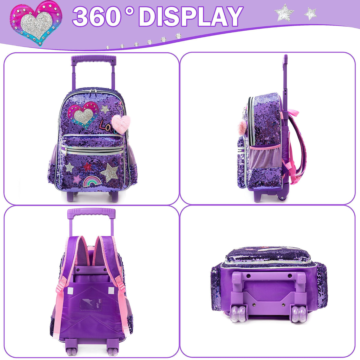 Meetbelify Rolling Backpack for Girls School Backpack with Wheels Kids Sequin Roller Luggage for Elementary Kindergarten Students with Lunch Box Pencil Case for Girls 5-12 Years Old
