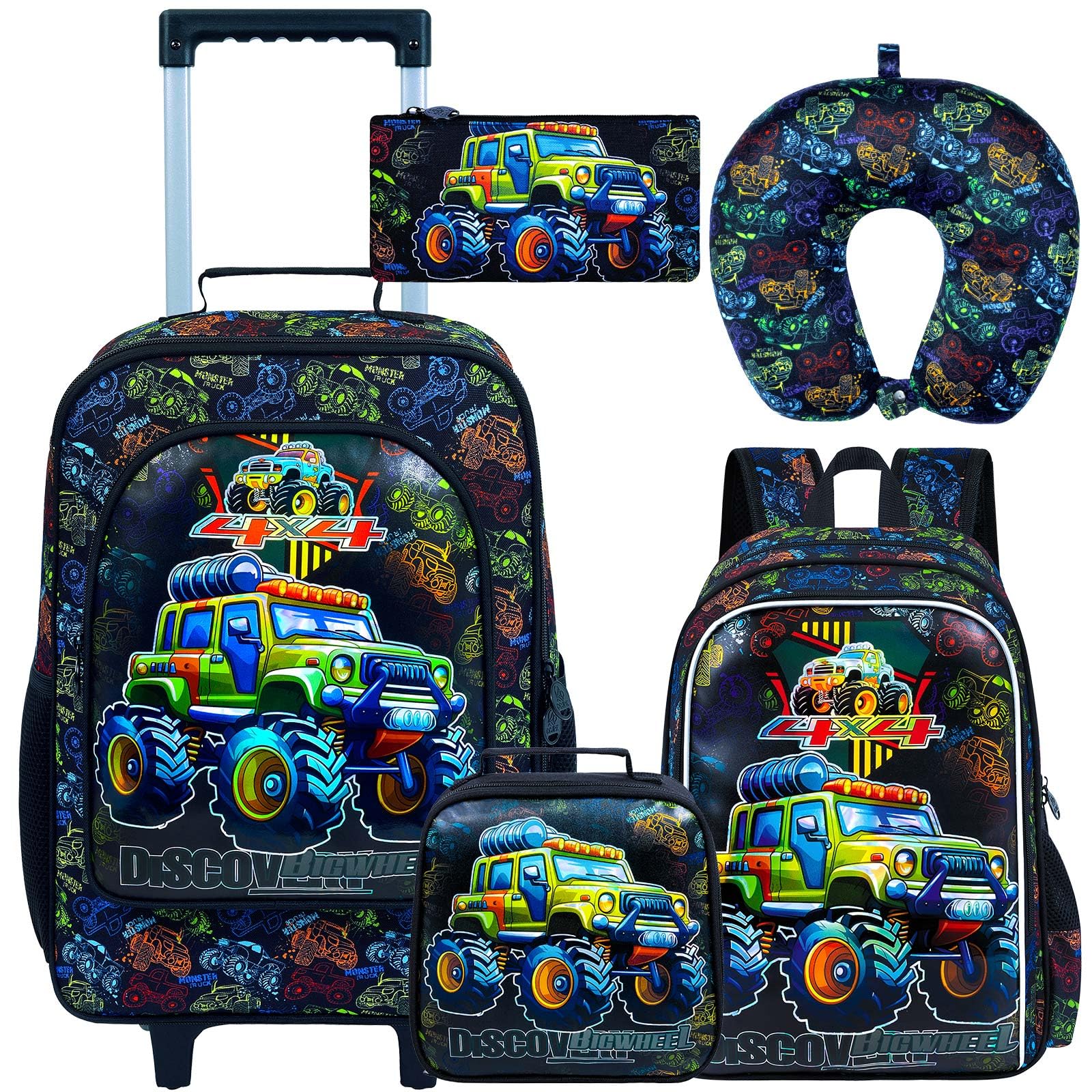 gxtvo 5PCS Boys Luggage Set with Wheels for Kids, Cool Car Rolling Carry-On Suitcase for Toddler Children