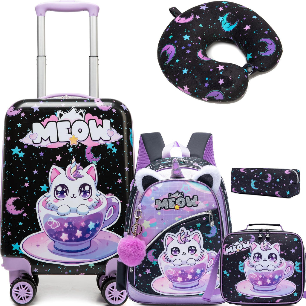 Inprof Kid's Luggage Set 5 Piece Suitcase Set 16' Hardside Spinner Wheels Girls Carry On Toddler Travel Rolling Airline Approved