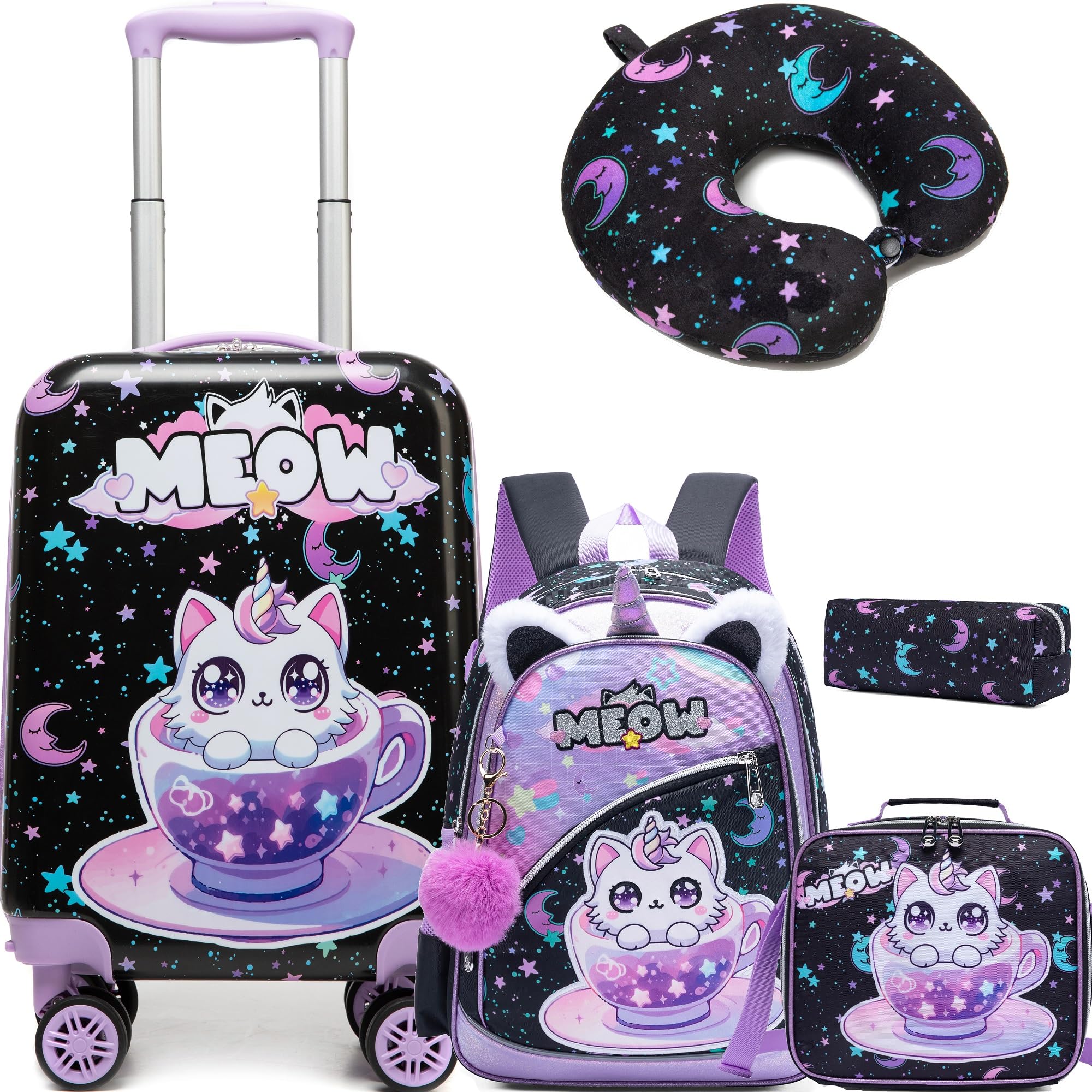 Inprof Kid's Luggage Set 5 Piece Suitcase Set 16' Hardside Spinner Wheels Girls Carry On Toddler Travel Rolling Airline Approved