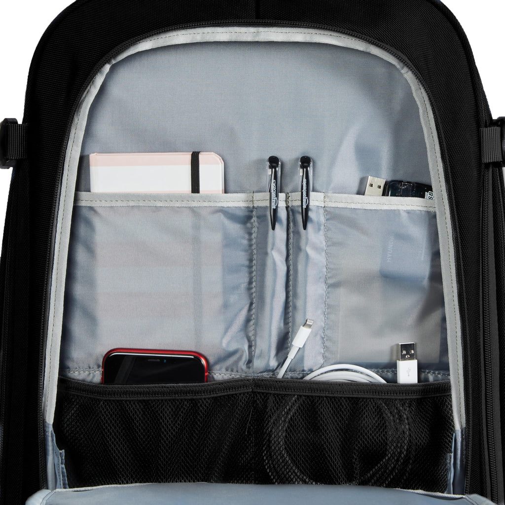 Amazon Basics Travel Backpack, Carry-On with Laptop Compartment, 40L Capacity, Expandable for 10% Extra Space, Convertible Backpack & Shoulder Bag, Multiple Pockets, 15.8"W x 21.5"H x 8.3"D, Black
