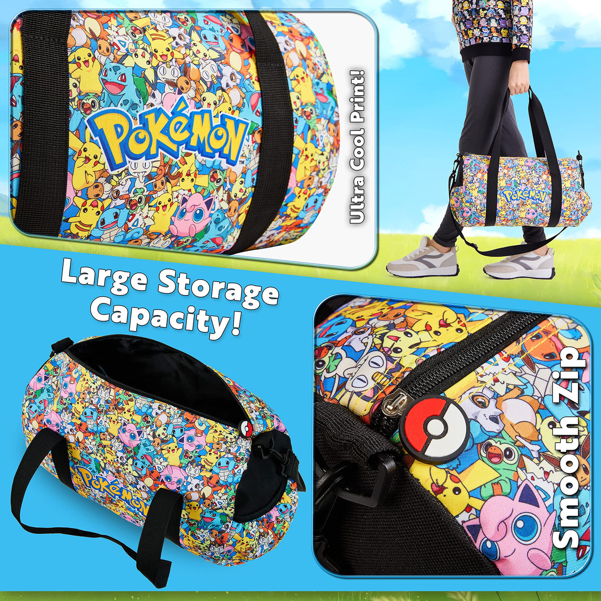 Pokemon Pikachu Duffel Kids Travel Bag - Gym Sports Overnight Holdall with Adjustable Strap & Pockets