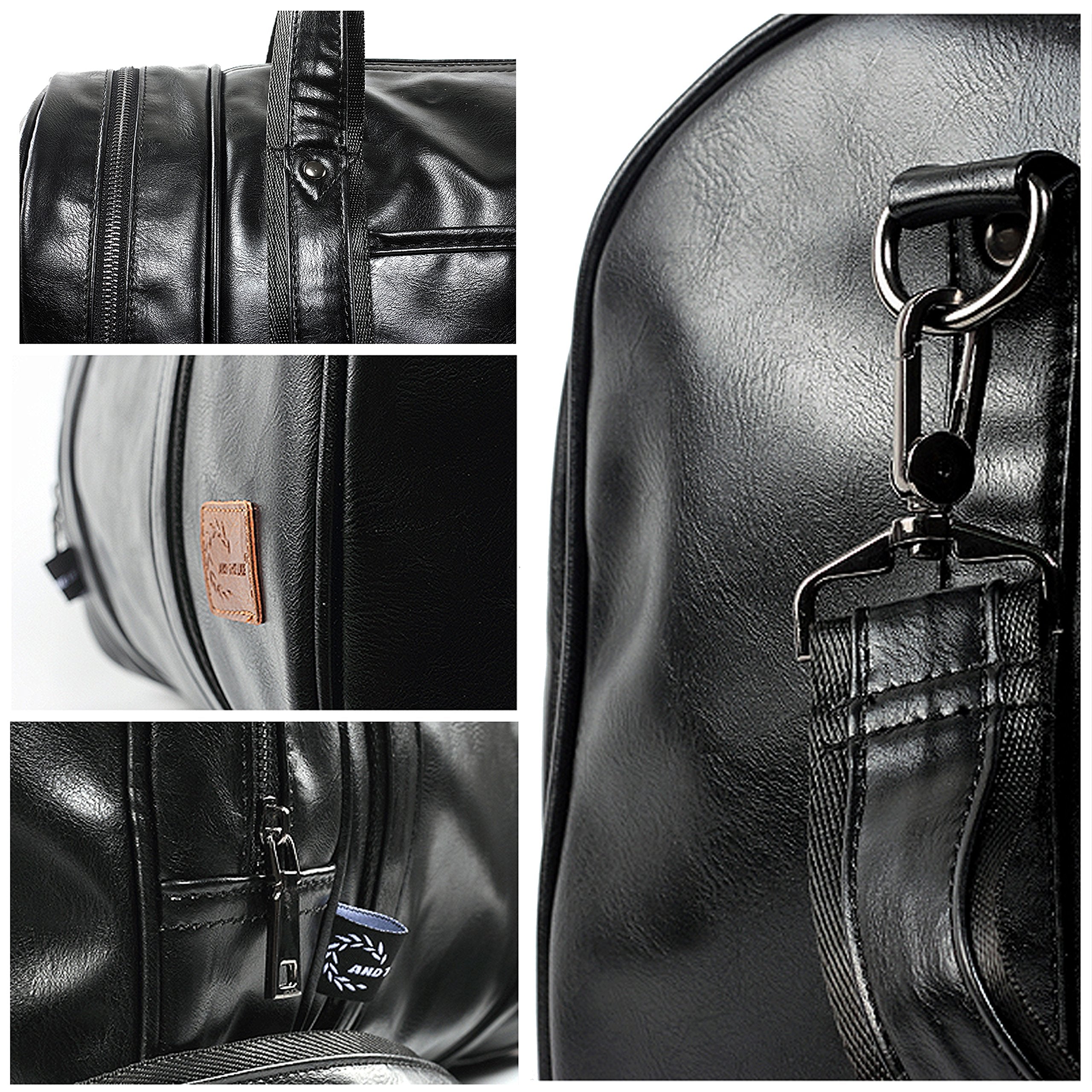 Leather Travel Bag with Shoe Pouch, Waterproof Weekender Overnight Bag, Carry On Duffel Bag for Men Women-Black
