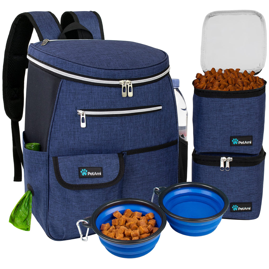 PetAmi Dog Travel Bag Backpack, Airline Approved Dog Bags for Traveling, Puppy Diaper Bag Supplies, Pet Camping Essentials Hiking Accessories Dog Mom Gift, Food Container, Collapsible Bowls, Navy Blue
