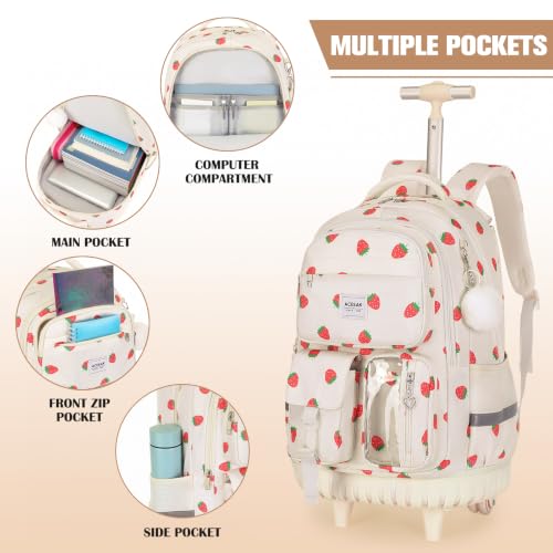 ACESAK Rolling Backpack for Girls, Roller Backpack with Lunch Bag & Pencil Pouch for Teen Girls Kids, Bookbag Backpack with Wheels for Women Elementary Middle High School Travel (Beige Strawberry)