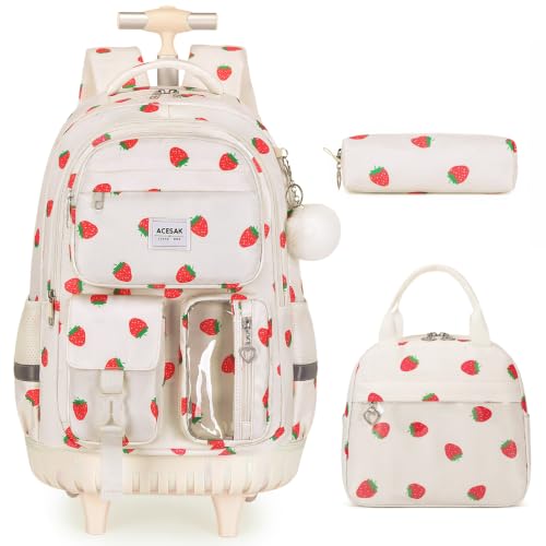ACESAK Rolling Backpack for Girls, Roller Backpack with Lunch Bag & Pencil Pouch for Teen Girls Kids, Bookbag Backpack with Wheels for Women Elementary Middle High School Travel (Beige Strawberry)