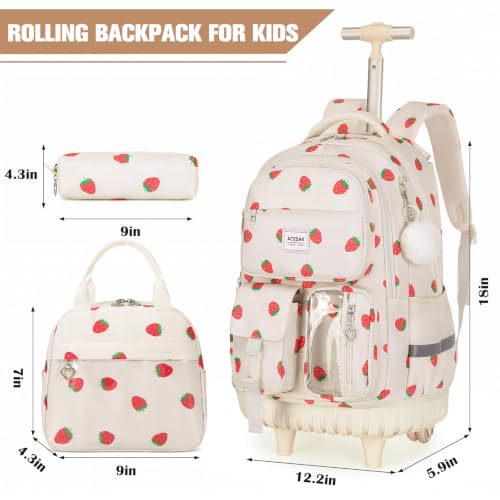 ACESAK Rolling Backpack for Girls, Roller Backpack with Lunch Bag & Pencil Pouch for Teen Girls Kids, Bookbag Backpack with Wheels for Women Elementary Middle High School Travel (Beige Strawberry)