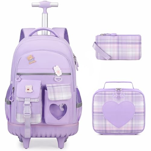 ACESAK Rolling Backpack for Girls - Roller Wheels School Bookbag with Lunch Bag & Pencil Pouch for Teen Girls Kids Wheeled Suitcase Backpacks, Elementary Middle School Travel Daypack (Purple)