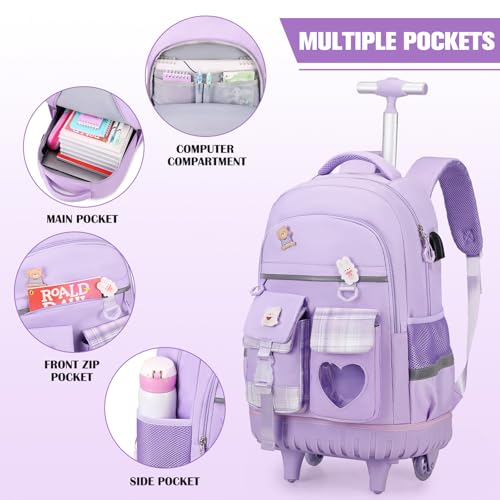 ACESAK Rolling Backpack for Girls - Roller Wheels School Bookbag with Lunch Bag & Pencil Pouch for Teen Girls Kids Wheeled Suitcase Backpacks, Elementary Middle School Travel Daypack (Purple)