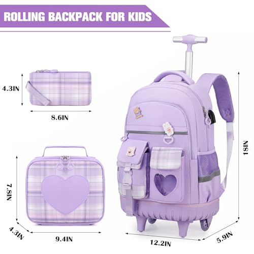 ACESAK Rolling Backpack for Girls - Roller Wheels School Bookbag with Lunch Bag & Pencil Pouch for Teen Girls Kids Wheeled Suitcase Backpacks, Elementary Middle School Travel Daypack (Purple)