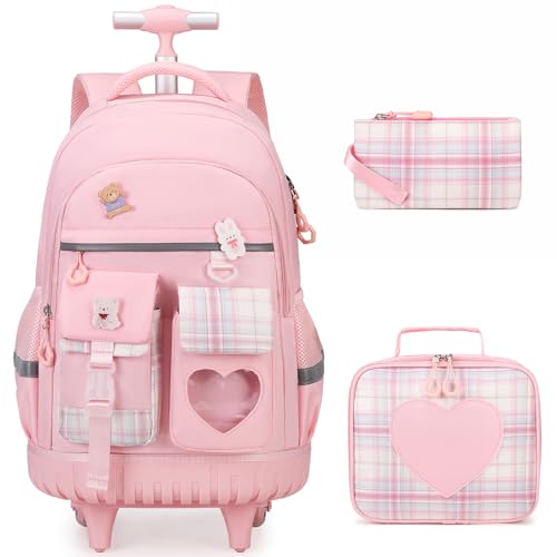 ACESAK Rolling Backpack for Girls - Roller Wheels School Bookbag with Lunch Bag & Pencil Pouch for Teen Girls Kids Wheeled Suitcase Backpacks, Elementary Middle School Travel Daypack (Pink)