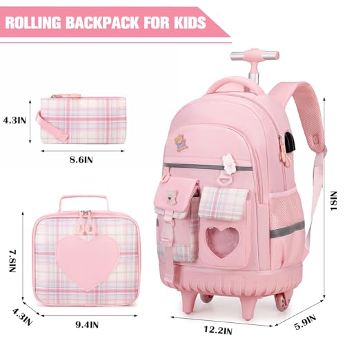 ACESAK Rolling Backpack for Girls - Roller Wheels School Bookbag with Lunch Bag & Pencil Pouch for Teen Girls Kids Wheeled Suitcase Backpacks, Elementary Middle School Travel Daypack (Pink)
