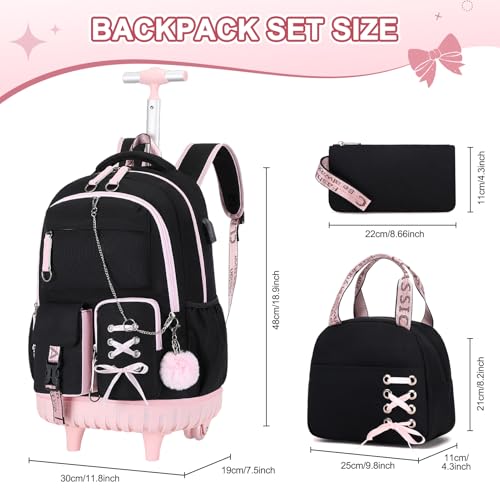 ACESAK Rolling Backpack for Girls Teens, Y3K Aesthetic School Backpack Set for Daypack and Travel, Wheeled Bookbag with USB Charging Port for Elementary Middle High School College Students(Pink)