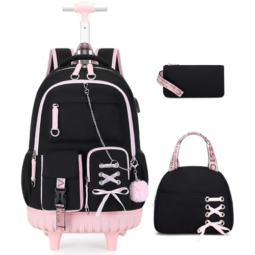 ACESAK Rolling Backpack for Girls Teens, Y3K Aesthetic School Backpack Set for Daypack and Travel, Wheeled Bookbag with USB Charging Port for Elementary Middle High School College Students(Pink)