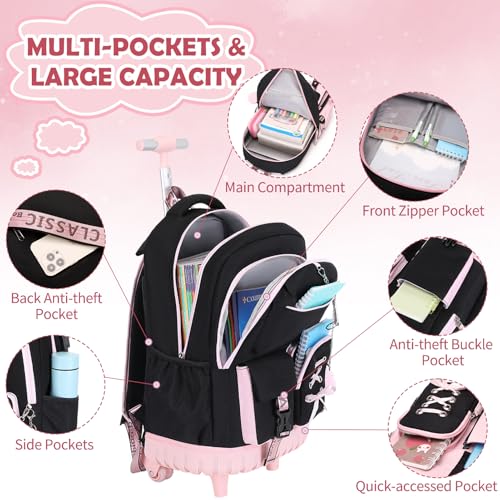 ACESAK Rolling Backpack for Girls Teens, Y3K Aesthetic School Backpack Set for Daypack and Travel, Wheeled Bookbag with USB Charging Port for Elementary Middle High School College Students(Pink)
