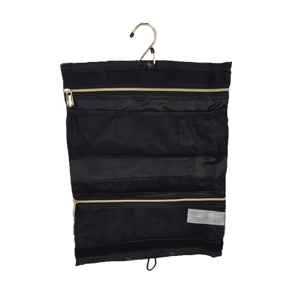 Adrienne Vittadini Black Grey Nylon Travel Cosmetic Case, Hanging Organizer with Multiple Pockets & Hook, Portable Makeup Bag