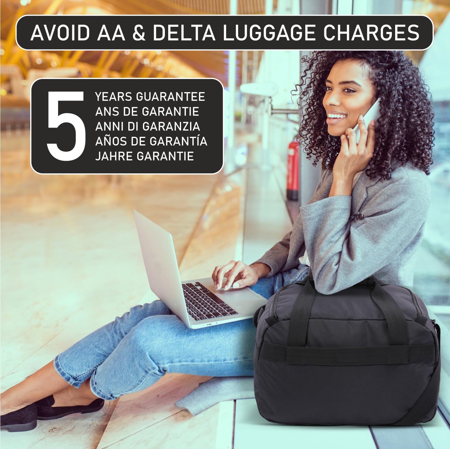 Aerolite AA & Delta Maximum Size Travel Duffel Bag | Lightweight Personal Item Bag 18”x14”x9” | Foldable Under Seat Cabin Bag | 37L Eco - Friendly Carry - On Duffel bag – Black Shoulder Bag