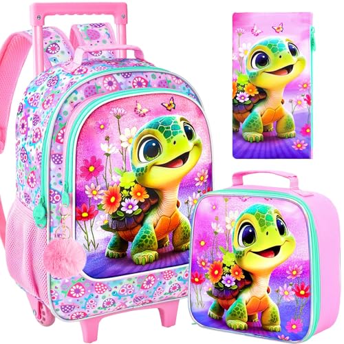 AGSDON 3PCS Kids Rolling Backpack, Girls Roller Wheels Bookbag, Wheeled Elementary School Bag with Lunch Bag - Turtle