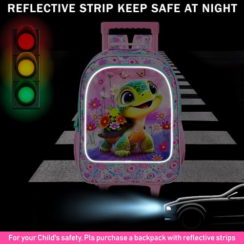 AGSDON 3PCS Kids Rolling Backpack, Girls Roller Wheels Bookbag, Wheeled Elementary School Bag with Lunch Bag - Turtle