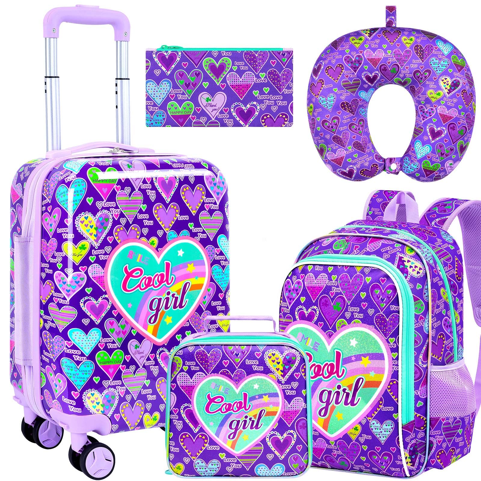 AGSDON 5-Piece Luggage for Girls – Adorable Hardshell Kids Suitcase with 360° Spinner Wheels, Lightweight Airline-Approved Carry-On (16") Set for Travel, Sweetheart Purple
