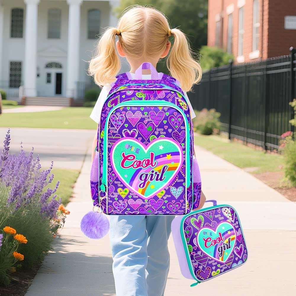 AGSDON 5 - Piece Luggage for Girls – Adorable Hardshell Kids Suitcase with 360° Spinner Wheels, Lightweight Airline - Approved Carry - On (16") Set for Travel, Sweetheart Purple
