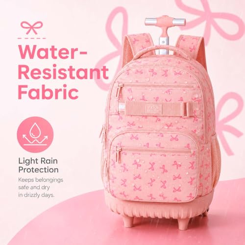 AGSDON Playful Bow Print Girls Rolling Backpack Set – 20” Roller Bookbag with Matching Lunch Box for Travel, Commute & School | Water-Resistant Fashion Wheeled Organizer in Pink