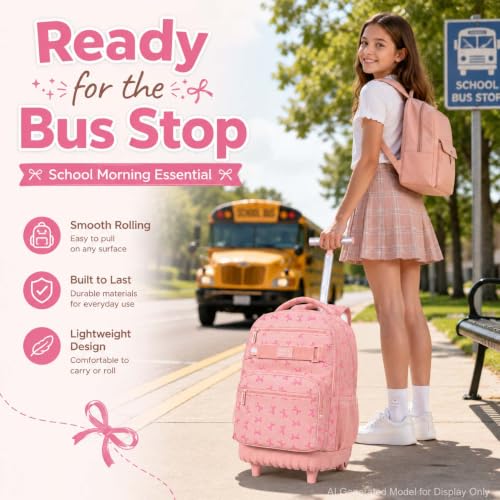 AGSDON Playful Bow Print Girls Rolling Backpack Set – 20” Roller Bookbag with Matching Lunch Box for Travel, Commute & School | Water-Resistant Fashion Wheeled Organizer in Pink