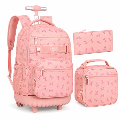 AGSDON Playful Bow Print Girls Rolling Backpack Set – 20” Roller Bookbag with Matching Lunch Box for Travel, Commute & School | Water-Resistant Fashion Wheeled Organizer in Pink