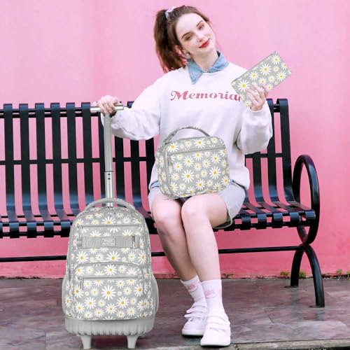 AGSDON Rolling Backpack for Girls, Women Roller Wheels Bookbag, Laptop Daisy Wheeled School Bag with Wheels for Teens