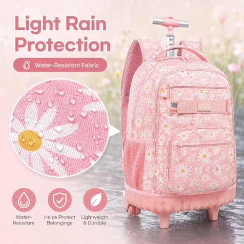 AGSDON Rolling Backpack for Girls, Women Roller Wheels Bookbag, Laptop Daisy Wheeled School Bag with Wheels for Teens