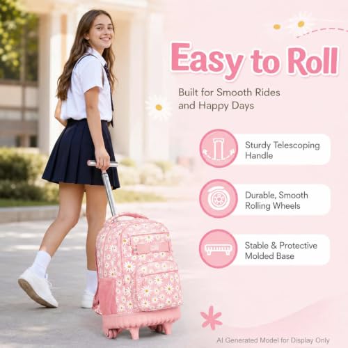 AGSDON Rolling Backpack for Girls, Women Roller Wheels Bookbag, Laptop Daisy Wheeled School Bag with Wheels for Teens