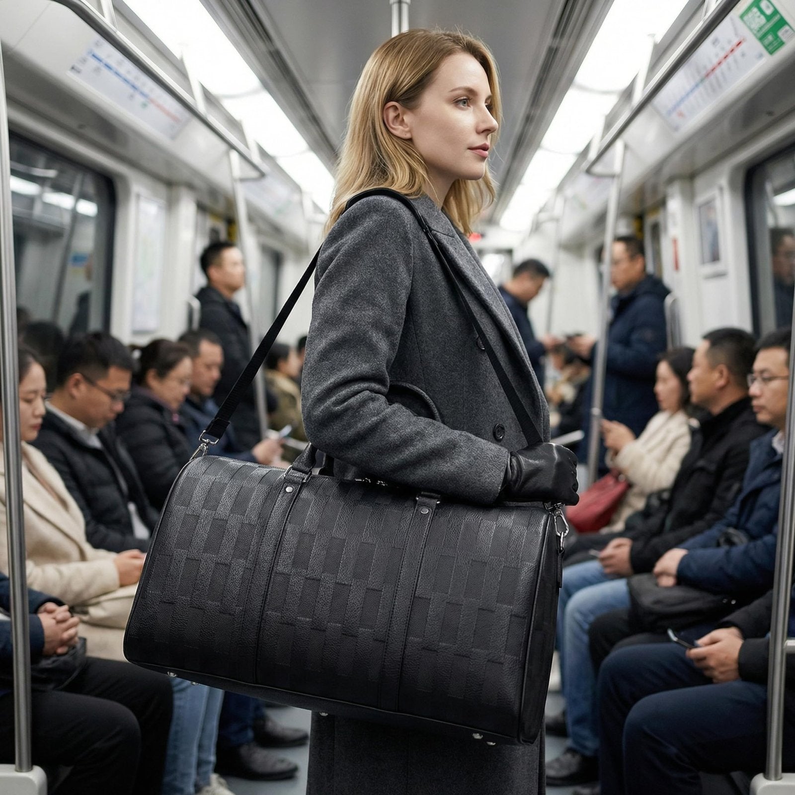 AGVOTK Luxury Black Woven Leather Weekender Duffel Bag – Men Women Travel Carry - On, Large Overnight Bag with Handles & Adjustable Shoulder Strap.