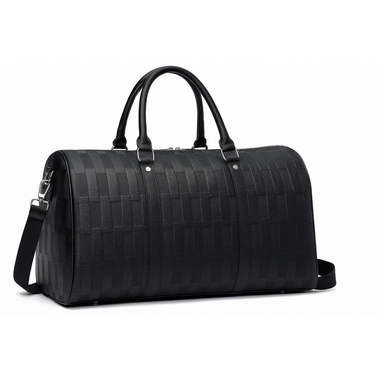 AGVOTK Luxury Black Woven Leather Weekender Duffel Bag – Men Women Travel Carry-On, Large Overnight Bag with Handles & Adjustable Shoulder Strap.