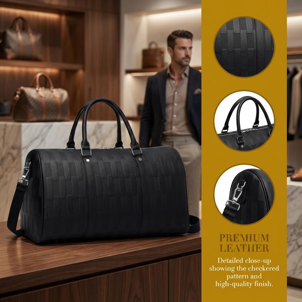 AGVOTK Luxury Black Woven Leather Weekender Duffel Bag – Men Women Travel Carry - On, Large Overnight Bag with Handles & Adjustable Shoulder Strap.