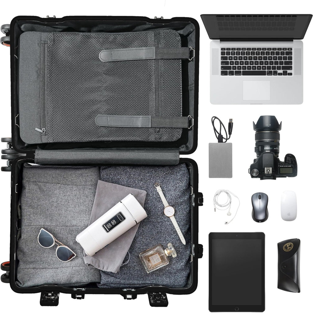 All Aluminum Carry On Luggage 22x14x9 Airline Approved, Zipperless Carry On Suitcase Hard Shell Carry On Luggage with Spinner Wheels, Black 3 - Piece with14in Hand Tote Suitcase,Eco - friendly tote bag