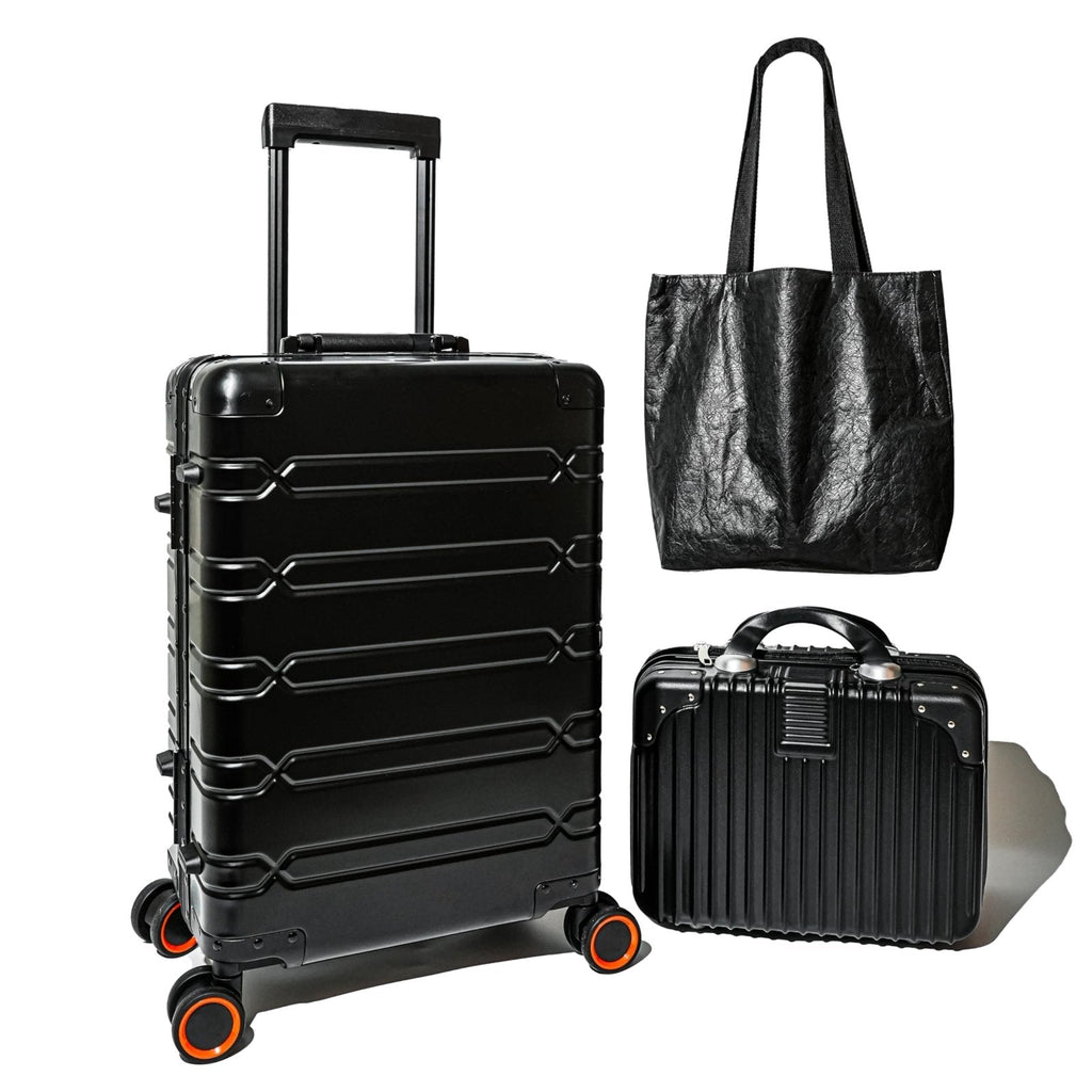 All Aluminum Carry On Luggage 22x14x9 Airline Approved, Zipperless Carry On Suitcase Hard Shell Carry On Luggage with Spinner Wheels, Black 3-Piece with14in Hand Tote Suitcase,Eco-friendly tote bag