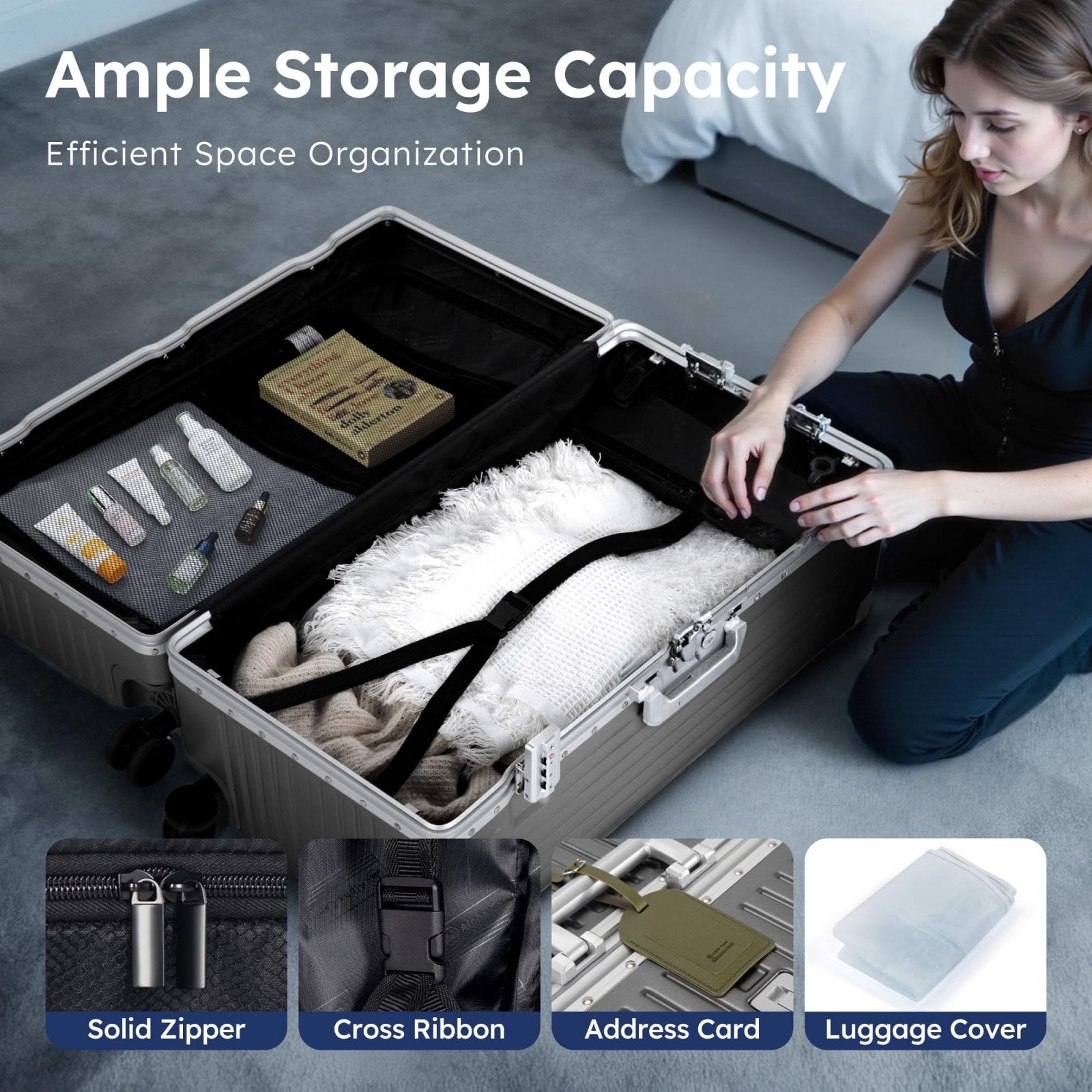 ALPHA CAMP Trunk Luggage, Large 28 Inch Thickened Aluminum Frame Luggage with TSA Spinner Wheels, 3 - Layer PC Hardside Zipperless Travel Suitcase, Type - C USB Charging Port, Cup Holder, Grey
