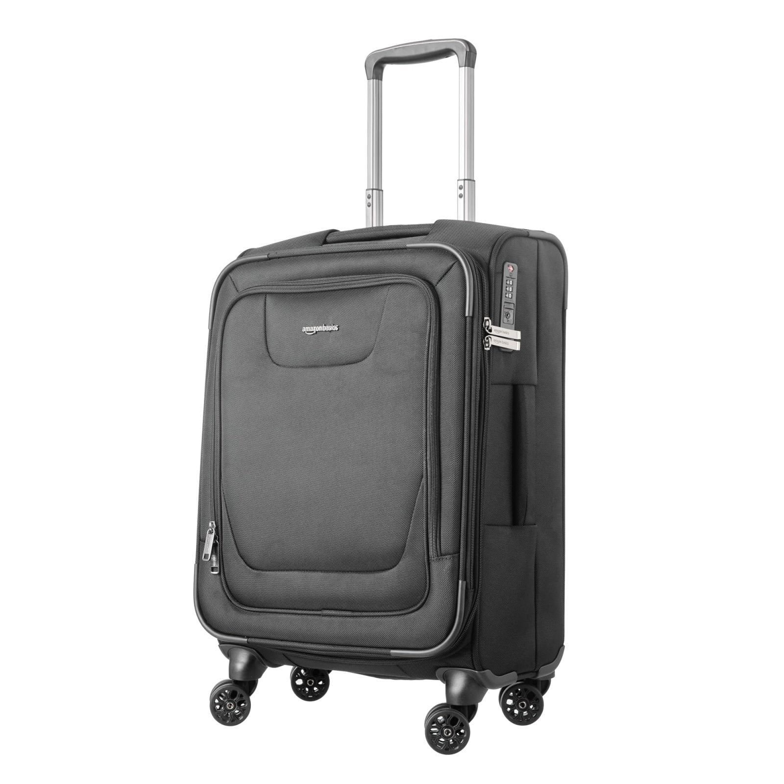 Amazon Basics 17" Carry-On Softside Luggage Suitcase with TSA Lock, 8 Spinner Wheels, Front Exterior Pocket, 3 Interior Pockets, Sturdy Telescoping Handle, Black