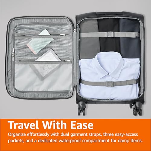 Amazon Basics 17" Carry - On Softside Luggage Suitcase with TSA Lock, 8 Spinner Wheels, Front Exterior Pocket, 3 Interior Pockets, Sturdy Telescoping Handle, Black