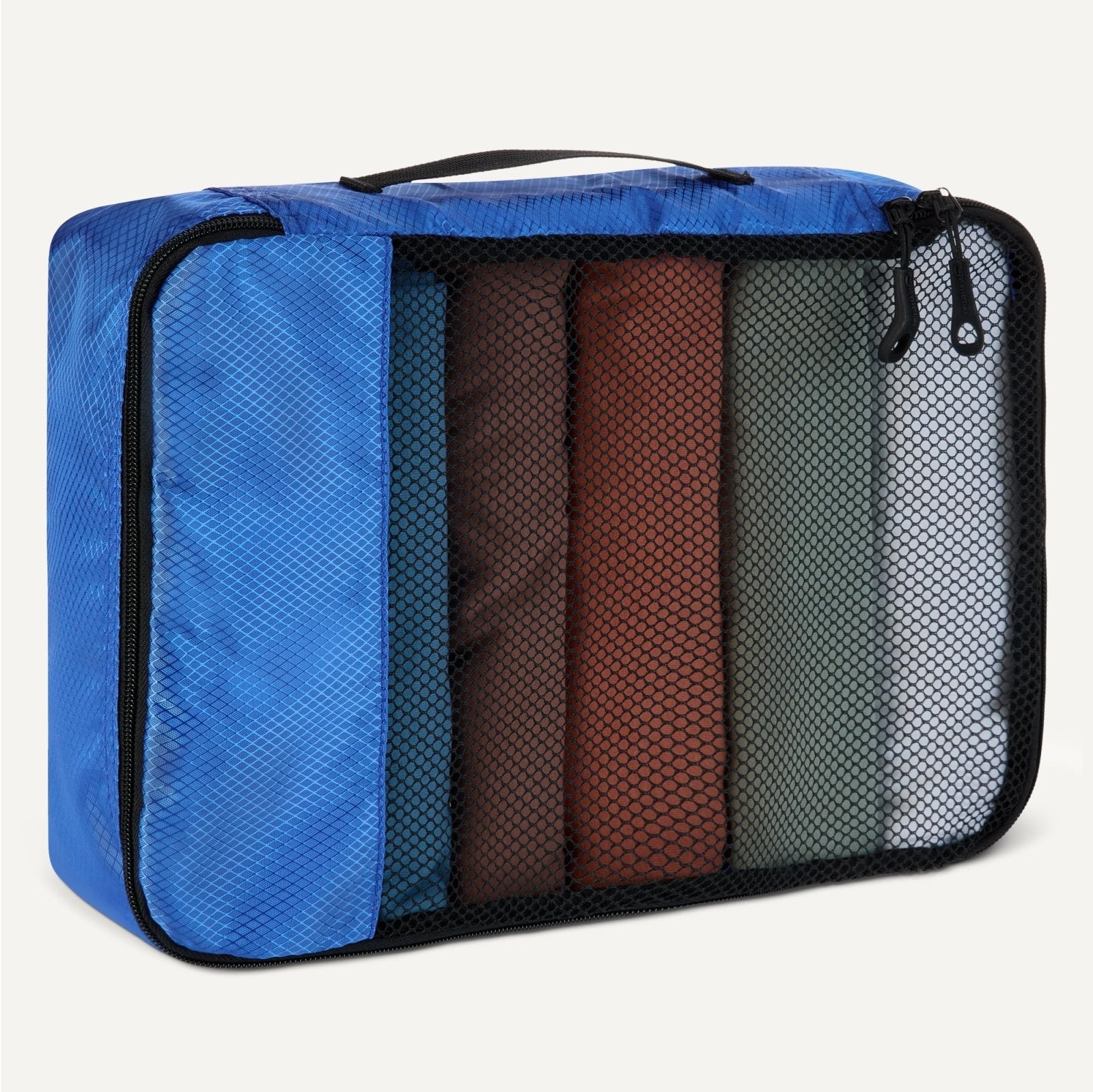 Amazon Essentials 4 - Piece Packing Cubes Travel Accessories Set, Space - Saving Luggage Organizer with Double Zipper, Mesh Top, 2 Medium/2 Large, Blue (Previously Amazon Basics)