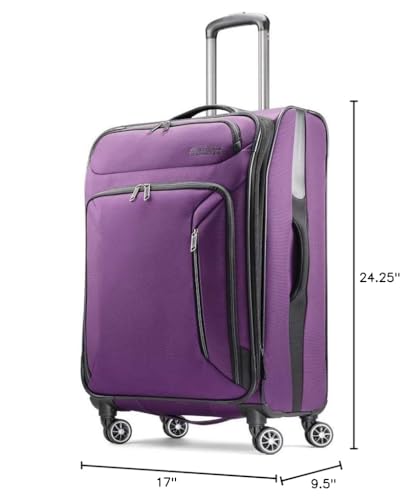 American Tourister Zoom Softside Luggage with Spinner Wheels, Purple, Checked - Medium 25 - Inch