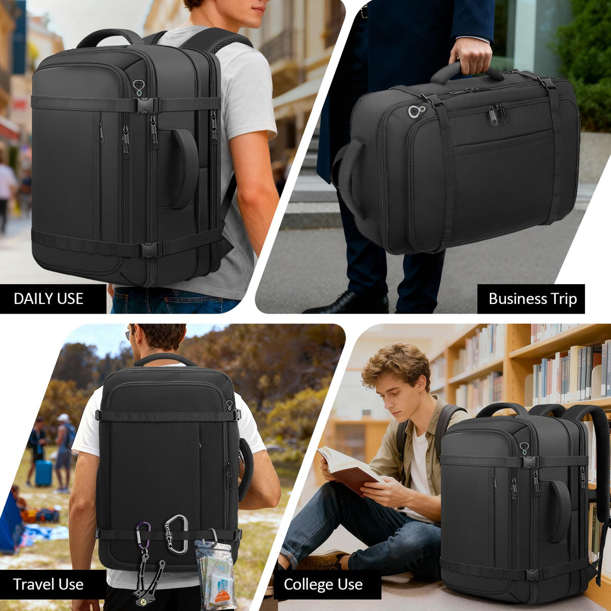 Ample Space Travel Backpack with LifetimeWarranty,Expandable Carry on Backpack with USB Cable Port,Fits 17.3"Laptop Notebook,Water Resistant Weekender Backpack Business Trips,Daily Travel,Black